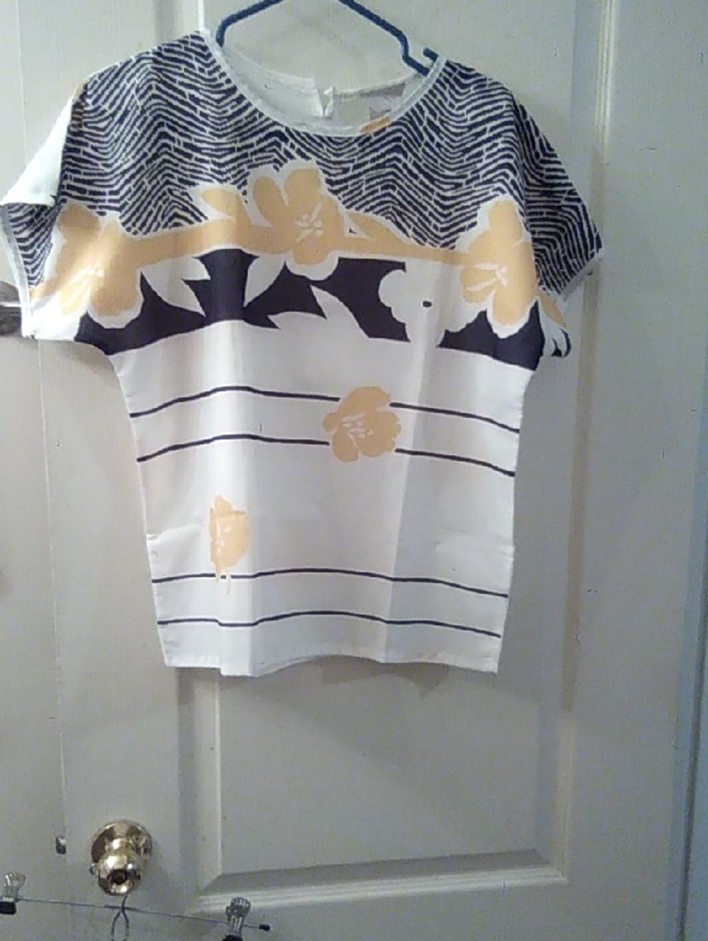 Floral Stripe Short Sleeve Top in White, Navy & Mustard